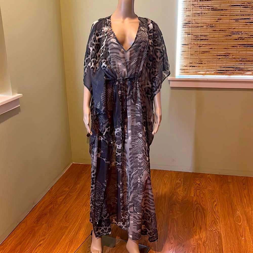 Club Z Collection Animal Print Maxi Kaftan Sheer Gray Size XL